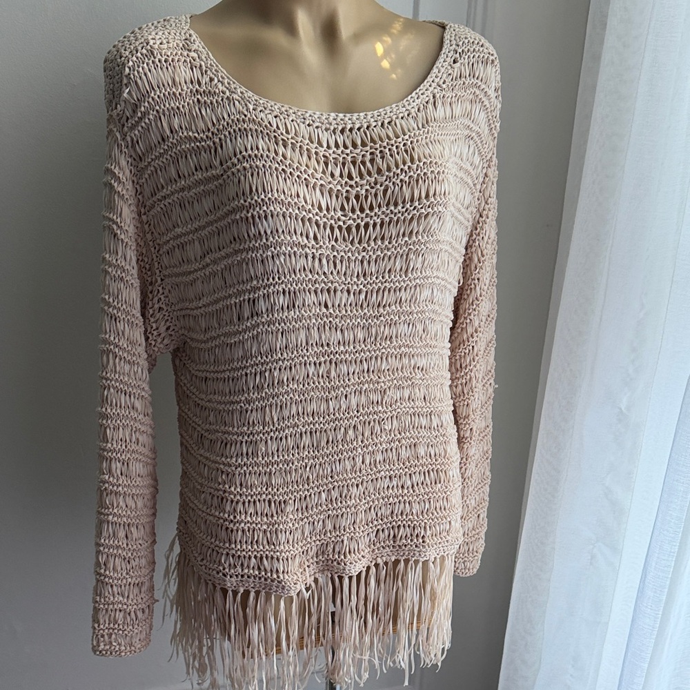 INTERMIX Blush Open-Knit Scoop Neck Sweater with Fringe, size L. Very stylish